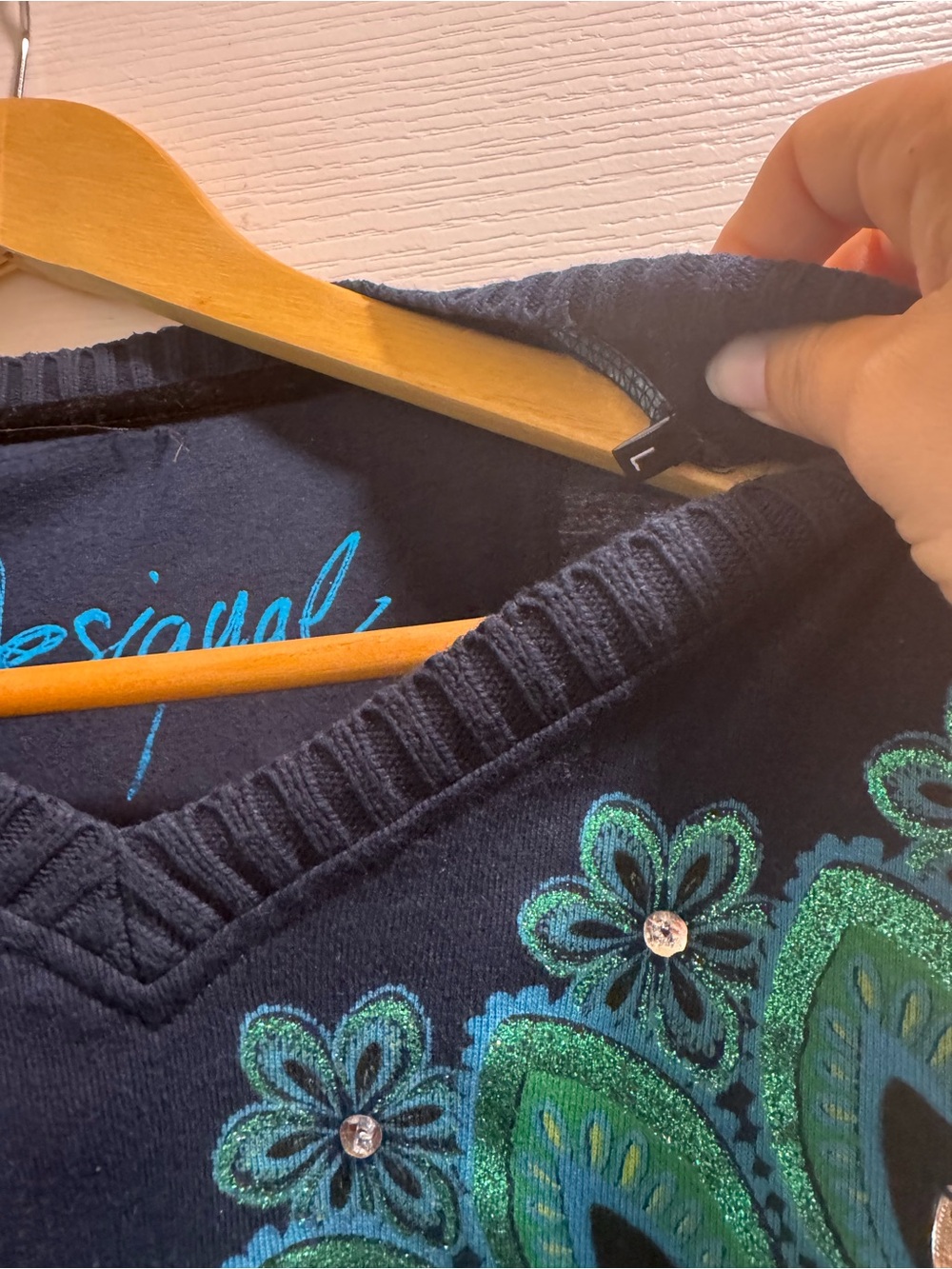 Desigual Navy Blue Long Sleeve V-Neck Tee with Green and Teal Mandala - Picture 2 of 3